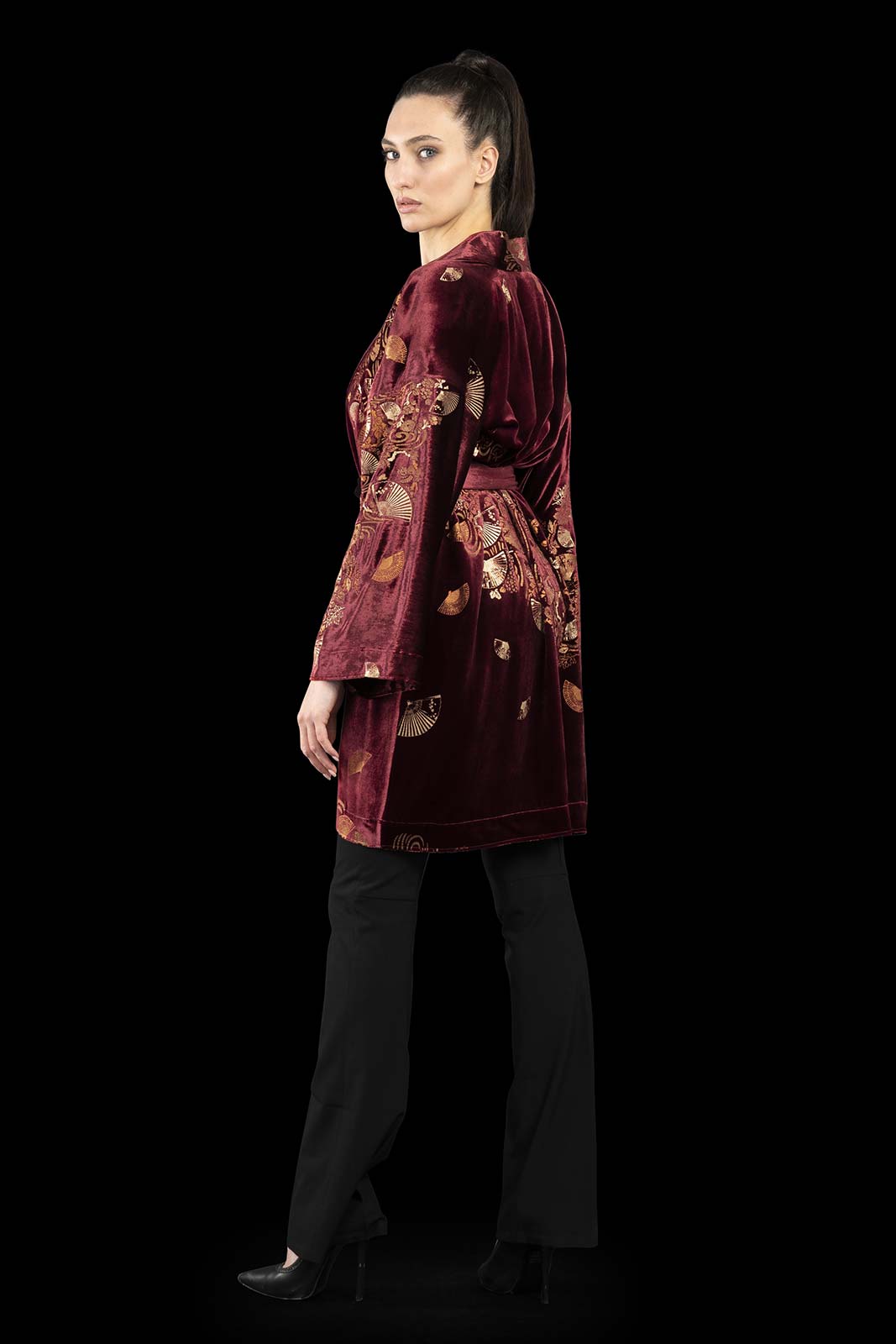 Isabel | Printed velvet Kimono Coat | - Ruby Ventagli Fortuny